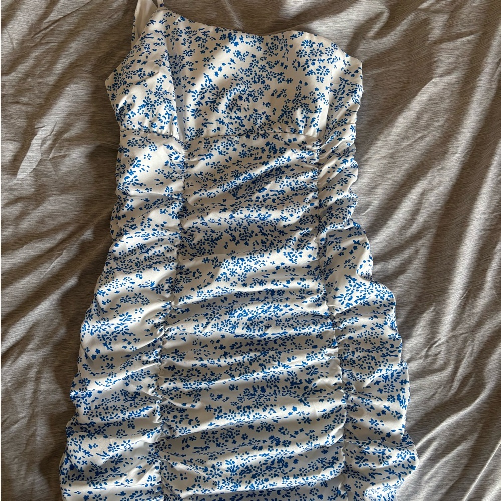 Amazon One Shoulder White and Blue Dress